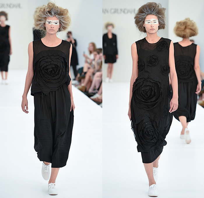 Ivan Grundahl 2016 Spring Summer Womens Runway Catwalk Looks - Copenhagen Fashion Week Denmark CPHFW - Ruffles Tiered Frayed Raw Hem 3D Adornments Skirt Frock Sheer Chiffon Tulle Lace Drapery Dress Outerwear Coat Oversized Jacket Blazer Chunky Knit Cardigan Frayed Destroyed Asymmetrical Hem Half Panel Sleeveless Shorts Culottes Flowers Florals Shirtdress Popover