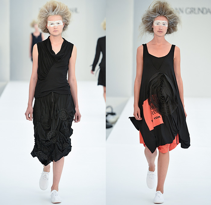 Ivan Grundahl 2016 Spring Summer Womens Runway Catwalk Looks - Copenhagen Fashion Week Denmark CPHFW - Ruffles Tiered Frayed Raw Hem 3D Adornments Skirt Frock Sheer Chiffon Tulle Lace Drapery Dress Outerwear Coat Oversized Jacket Blazer Chunky Knit Cardigan Frayed Destroyed Asymmetrical Hem Half Panel Sleeveless Shorts Culottes Flowers Florals Shirtdress Popover