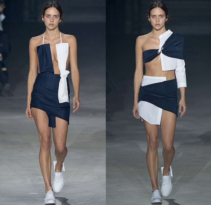 Jacquemus 2016 Spring Summer Womens Runway Catwalk Looks - Mode à Paris Fashion Week Mode Féminin France - Half Panels Asymmetrical Hem Pinstripe One Shoulder Noodle Spaghetti Strap Knot Tie Up Wrap Blouse Long Sleeve Outerwear Blazer Jacket Shirt Drapery Pantsuit Patches Straps Cinch Circles Shirtdress Hanging Sleeve Bandeau Strapless Outline Bandage Ball