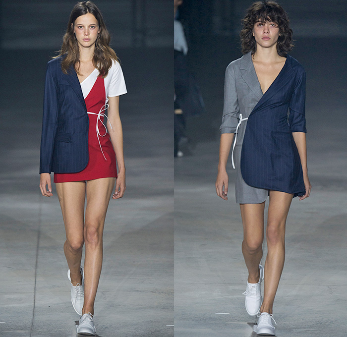 Jacquemus 2016 Spring Summer Womens Runway Catwalk Looks - Mode à Paris Fashion Week Mode Féminin France - Half Panels Asymmetrical Hem Pinstripe One Shoulder Noodle Spaghetti Strap Knot Tie Up Wrap Blouse Long Sleeve Outerwear Blazer Jacket Shirt Drapery Pantsuit Patches Straps Cinch Circles Shirtdress Hanging Sleeve Bandeau Strapless Outline Bandage Ball