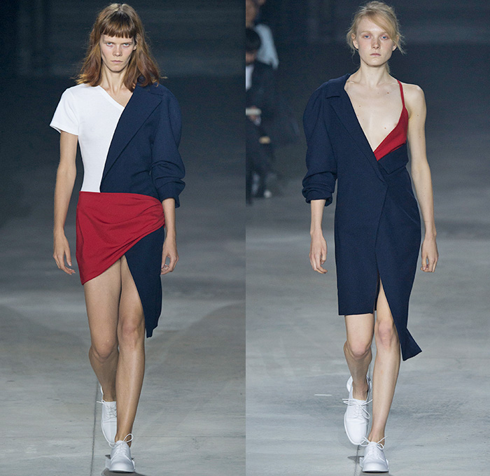 Jacquemus 2016 Spring Summer Womens Runway Catwalk Looks - Mode à Paris Fashion Week Mode Féminin France - Half Panels Asymmetrical Hem Pinstripe One Shoulder Noodle Spaghetti Strap Knot Tie Up Wrap Blouse Long Sleeve Outerwear Blazer Jacket Shirt Drapery Pantsuit Patches Straps Cinch Circles Shirtdress Hanging Sleeve Bandeau Strapless Outline Bandage Ball