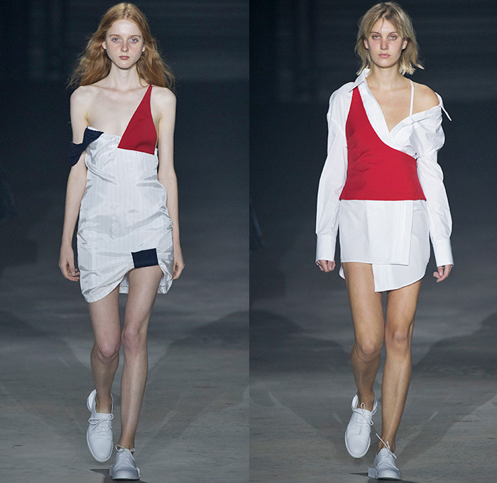 Jacquemus 2016 Spring Summer Womens Runway Catwalk Looks - Mode à Paris Fashion Week Mode Féminin France - Half Panels Asymmetrical Hem Pinstripe One Shoulder Noodle Spaghetti Strap Knot Tie Up Wrap Blouse Long Sleeve Outerwear Blazer Jacket Shirt Drapery Pantsuit Patches Straps Cinch Circles Shirtdress Hanging Sleeve Bandeau Strapless Outline Bandage Ball