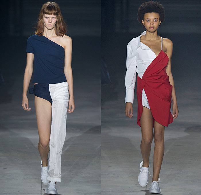 Jacquemus 2016 Spring Summer Womens Runway Catwalk Looks - Mode à Paris Fashion Week Mode Féminin France - Half Panels Asymmetrical Hem Pinstripe One Shoulder Noodle Spaghetti Strap Knot Tie Up Wrap Blouse Long Sleeve Outerwear Blazer Jacket Shirt Drapery Pantsuit Patches Straps Cinch Circles Shirtdress Hanging Sleeve Bandeau Strapless Outline Bandage Ball