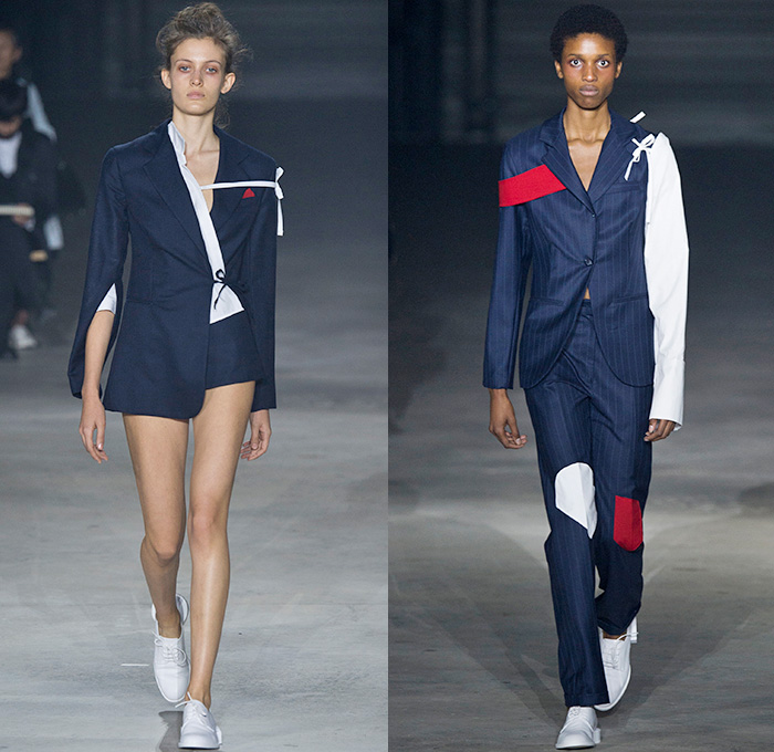 Jacquemus 2016 Spring Summer Womens Runway Catwalk Looks - Mode à Paris Fashion Week Mode Féminin France - Half Panels Asymmetrical Hem Pinstripe One Shoulder Noodle Spaghetti Strap Knot Tie Up Wrap Blouse Long Sleeve Outerwear Blazer Jacket Shirt Drapery Pantsuit Patches Straps Cinch Circles Shirtdress Hanging Sleeve Bandeau Strapless Outline Bandage Ball