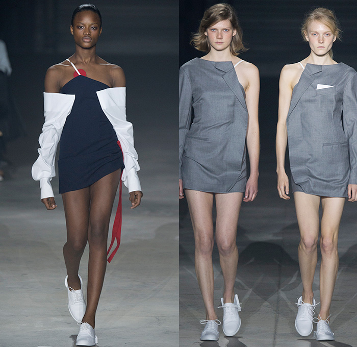 Jacquemus 2016 Spring Summer Womens Runway Catwalk Looks - Mode à Paris Fashion Week Mode Féminin France - Half Panels Asymmetrical Hem Pinstripe One Shoulder Noodle Spaghetti Strap Knot Tie Up Wrap Blouse Long Sleeve Outerwear Blazer Jacket Shirt Drapery Pantsuit Patches Straps Cinch Circles Shirtdress Hanging Sleeve Bandeau Strapless Outline Bandage Ball