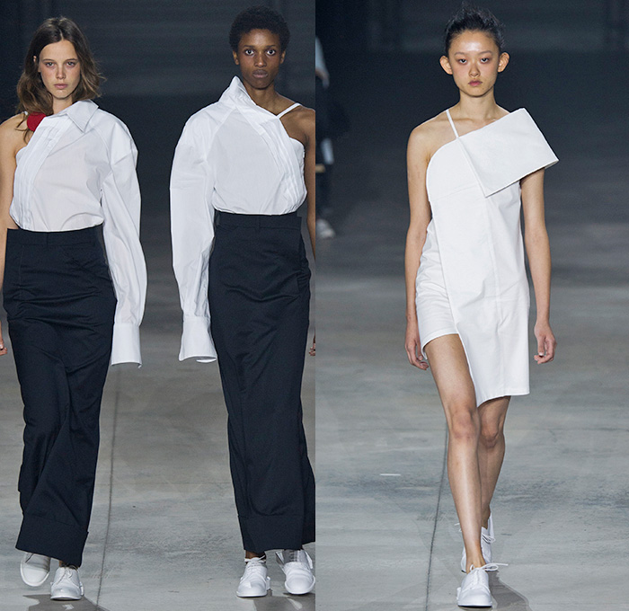 Jacquemus 2016 Spring Summer Womens Runway Catwalk Looks - Mode à Paris Fashion Week Mode Féminin France - Half Panels Asymmetrical Hem Pinstripe One Shoulder Noodle Spaghetti Strap Knot Tie Up Wrap Blouse Long Sleeve Outerwear Blazer Jacket Shirt Drapery Pantsuit Patches Straps Cinch Circles Shirtdress Hanging Sleeve Bandeau Strapless Outline Bandage Ball