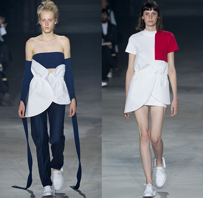 Jacquemus 2016 Spring Summer Womens Runway Catwalk Looks - Mode à Paris Fashion Week Mode Féminin France - Half Panels Asymmetrical Hem Pinstripe One Shoulder Noodle Spaghetti Strap Knot Tie Up Wrap Blouse Long Sleeve Outerwear Blazer Jacket Shirt Drapery Pantsuit Patches Straps Cinch Circles Shirtdress Hanging Sleeve Bandeau Strapless Outline Bandage Ball