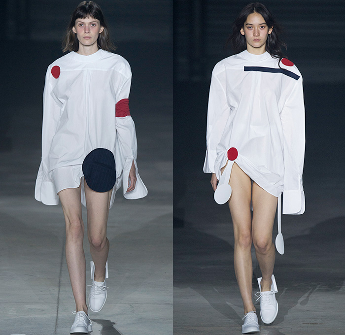 Jacquemus 2016 Spring Summer Womens Runway Catwalk Looks - Mode à Paris Fashion Week Mode Féminin France - Half Panels Asymmetrical Hem Pinstripe One Shoulder Noodle Spaghetti Strap Knot Tie Up Wrap Blouse Long Sleeve Outerwear Blazer Jacket Shirt Drapery Pantsuit Patches Straps Cinch Circles Shirtdress Hanging Sleeve Bandeau Strapless Outline Bandage Ball