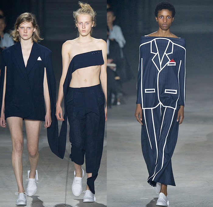 Jacquemus 2016 Spring Summer Womens Runway Catwalk Looks - Mode à Paris Fashion Week Mode Féminin France - Half Panels Asymmetrical Hem Pinstripe One Shoulder Noodle Spaghetti Strap Knot Tie Up Wrap Blouse Long Sleeve Outerwear Blazer Jacket Shirt Drapery Pantsuit Patches Straps Cinch Circles Shirtdress Hanging Sleeve Bandeau Strapless Outline Bandage Ball