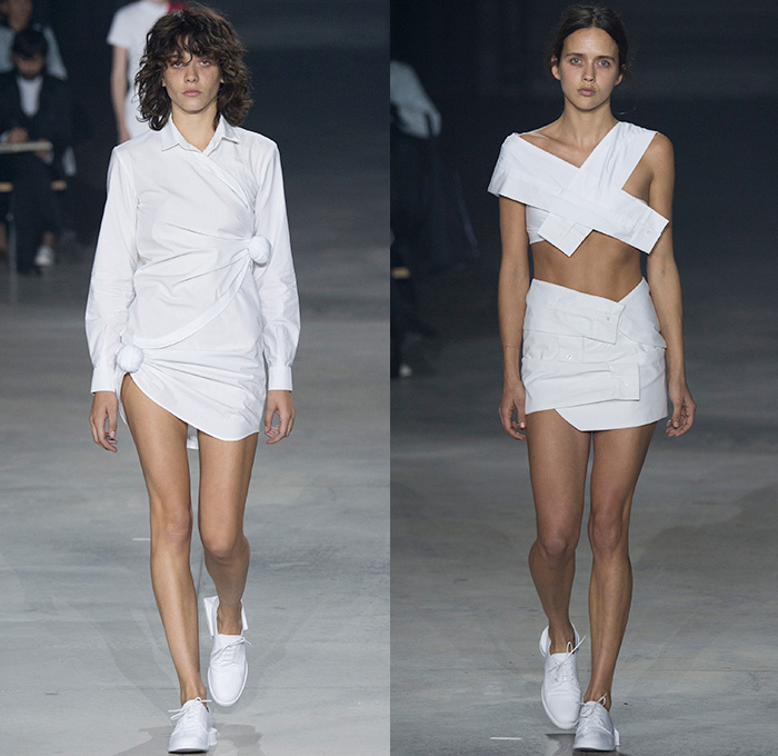 Jacquemus 2016 Spring Summer Womens Runway Catwalk Looks - Mode à Paris Fashion Week Mode Féminin France - Half Panels Asymmetrical Hem Pinstripe One Shoulder Noodle Spaghetti Strap Knot Tie Up Wrap Blouse Long Sleeve Outerwear Blazer Jacket Shirt Drapery Pantsuit Patches Straps Cinch Circles Shirtdress Hanging Sleeve Bandeau Strapless Outline Bandage Ball