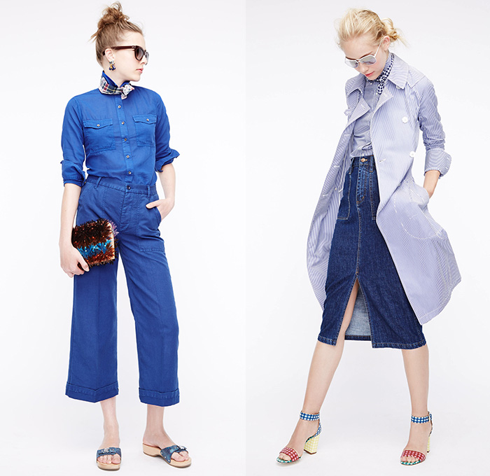 J.Crew 2016 Spring Summer Womens Lookbook Presentation - New York Fashion Week - Denim Jeans Sandals Blouse Skirt Frock Outerwear Coat Stripes Plaid Tartan Gingham Check 3D Embellishments Bedazzled Lace Up Shirtdress Wide Leg Trousers Palazzo Sailor Pants Culottes Sweater Jumper Pantsuit Shorts Vest Waistcoat Outerwear Blazer Jacket Miniskirt Jacquard Maxi Dress Fringes Sequins Wrap