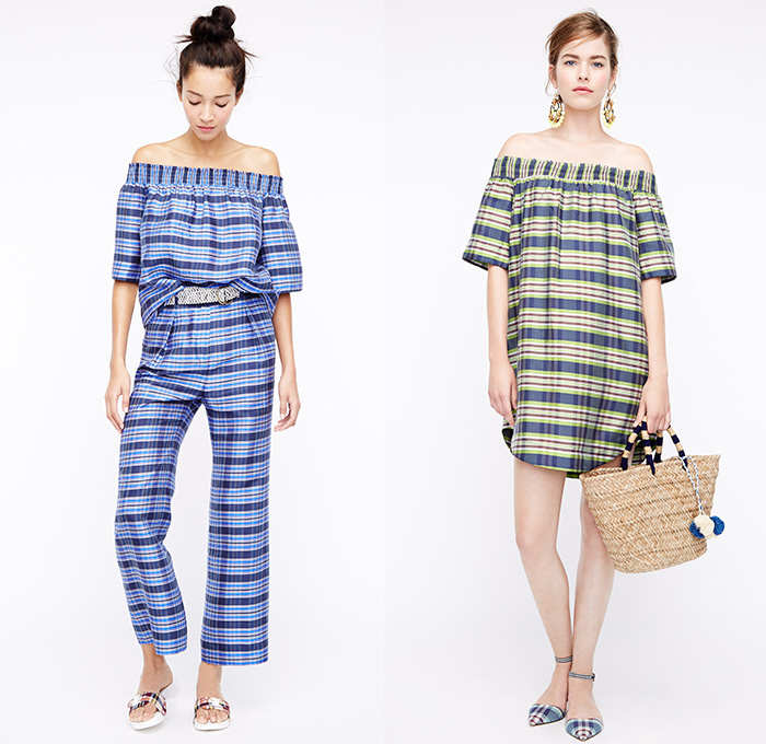 J.Crew 2016 Spring Summer Womens Lookbook Presentation - New York Fashion Week - Denim Jeans Sandals Blouse Skirt Frock Outerwear Coat Stripes Plaid Tartan Gingham Check 3D Embellishments Bedazzled Lace Up Shirtdress Wide Leg Trousers Palazzo Sailor Pants Culottes Sweater Jumper Pantsuit Shorts Vest Waistcoat Outerwear Blazer Jacket Miniskirt Jacquard Maxi Dress Fringes Sequins Wrap