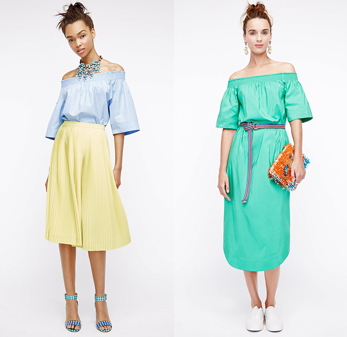 J.Crew 2016 Spring Summer Womens Lookbook Presentation - New York Fashion Week - Denim Jeans Sandals Blouse Skirt Frock Outerwear Coat Stripes Plaid Tartan Gingham Check 3D Embellishments Bedazzled Lace Up Shirtdress Wide Leg Trousers Palazzo Sailor Pants Culottes Sweater Jumper Pantsuit Shorts Vest Waistcoat Outerwear Blazer Jacket Miniskirt Jacquard Maxi Dress Fringes Sequins Wrap