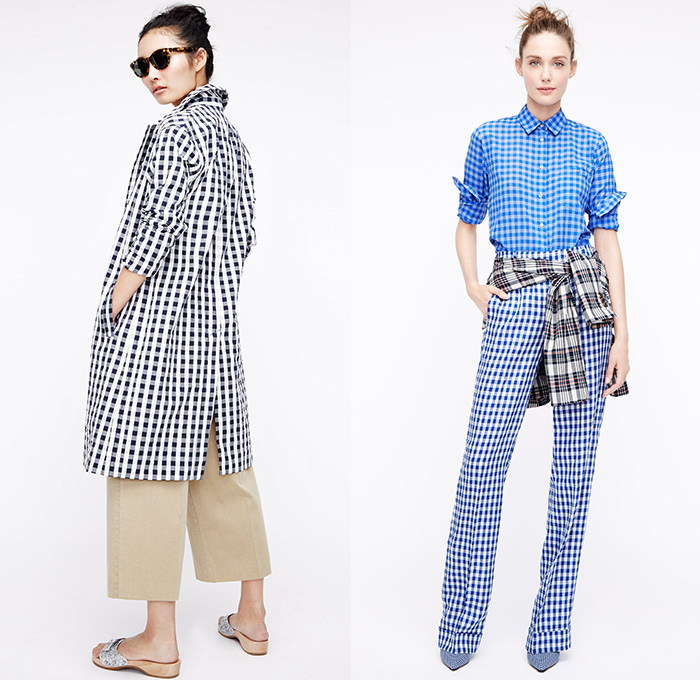 J.Crew 2016 Spring Summer Womens Lookbook Presentation - New York Fashion Week - Denim Jeans Sandals Blouse Skirt Frock Outerwear Coat Stripes Plaid Tartan Gingham Check 3D Embellishments Bedazzled Lace Up Shirtdress Wide Leg Trousers Palazzo Sailor Pants Culottes Sweater Jumper Pantsuit Shorts Vest Waistcoat Outerwear Blazer Jacket Miniskirt Jacquard Maxi Dress Fringes Sequins Wrap