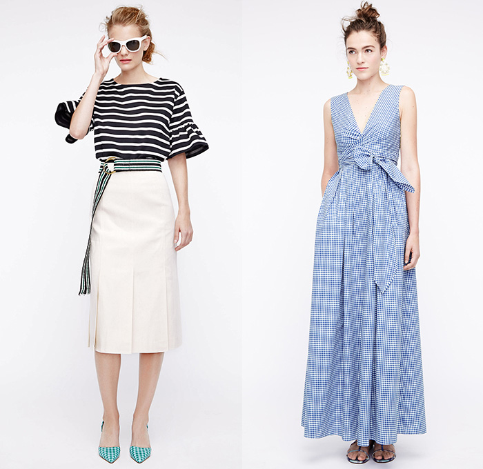 J.Crew 2016 Spring Summer Womens Lookbook Presentation - New York Fashion Week - Denim Jeans Sandals Blouse Skirt Frock Outerwear Coat Stripes Plaid Tartan Gingham Check 3D Embellishments Bedazzled Lace Up Shirtdress Wide Leg Trousers Palazzo Sailor Pants Culottes Sweater Jumper Pantsuit Shorts Vest Waistcoat Outerwear Blazer Jacket Miniskirt Jacquard Maxi Dress Fringes Sequins Wrap