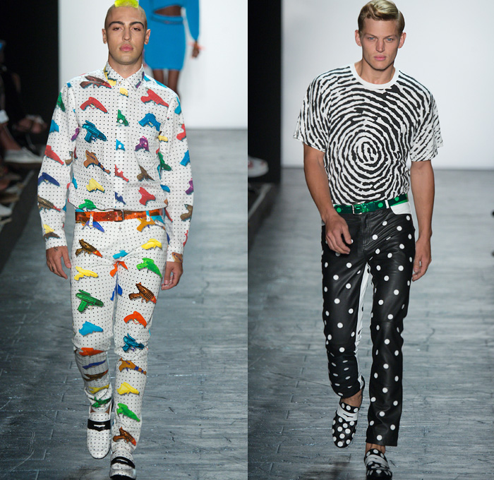 Jeremy Scott 2016 Spring Summer Mens Runway Catwalk Looks - New York Fashion Week - Cartoon Face Pop Art Culture Laser Water Gun Polka Dots Shirt Pants Trousers Loafers Thumbprint Knit Sweater Jumper Pullover Slim Sleeveless Tank Top TV Television Screen Scribble Necktie Print Graphic Pattern Motif