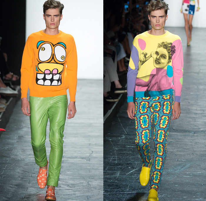 Jeremy Scott 2016 Spring Summer Mens Runway Catwalk Looks - New York Fashion Week - Cartoon Face Pop Art Culture Laser Water Gun Polka Dots Shirt Pants Trousers Loafers Thumbprint Knit Sweater Jumper Pullover Slim Sleeveless Tank Top TV Television Screen Scribble Necktie Print Graphic Pattern Motif