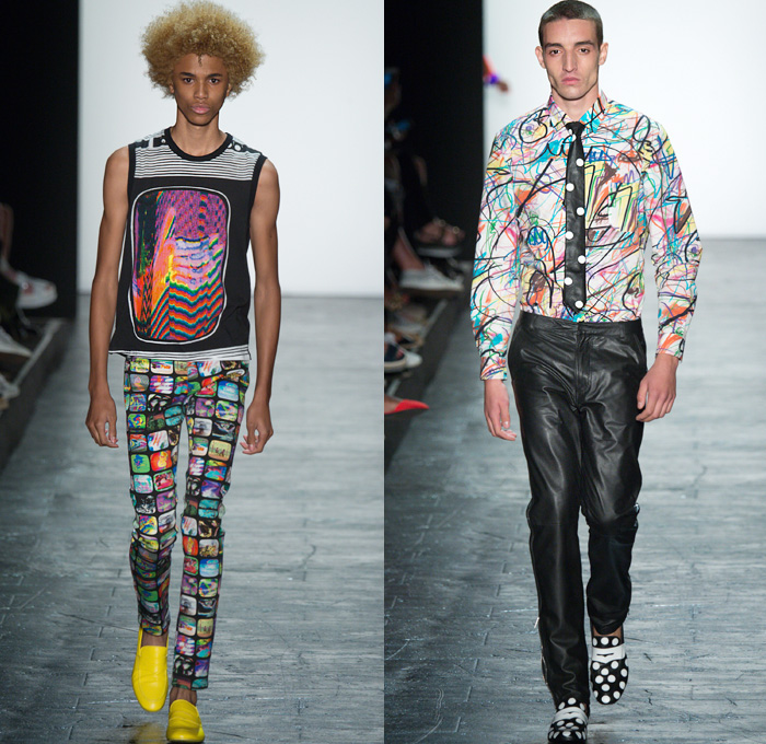 Jeremy Scott 2016 Spring Summer Mens Runway Catwalk Looks - New York Fashion Week - Cartoon Face Pop Art Culture Laser Water Gun Polka Dots Shirt Pants Trousers Loafers Thumbprint Knit Sweater Jumper Pullover Slim Sleeveless Tank Top TV Television Screen Scribble Necktie Print Graphic Pattern Motif