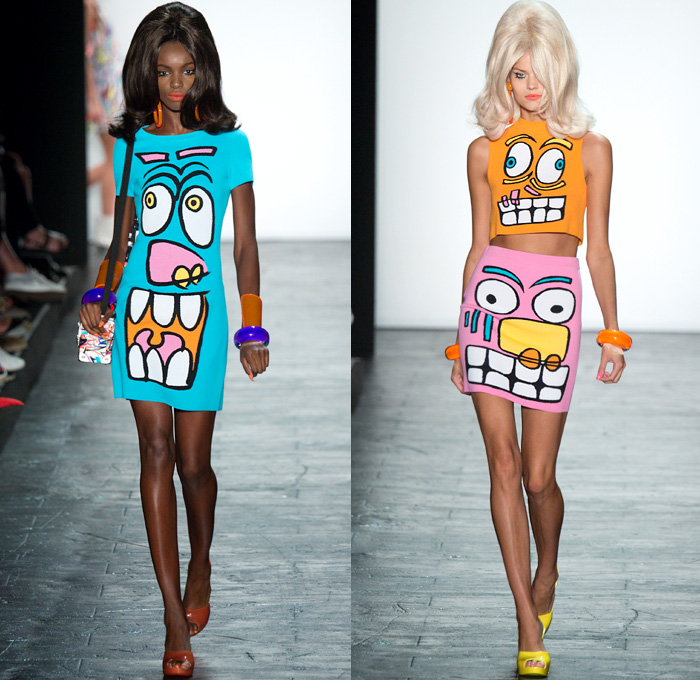 Jeremy Scott 2016 Spring Summer Womens Runway Catwalk Looks - New York Fashion Week - Cartoon Pop Art Culture Dress Bangles Crop Top Midriff Miniskirt Frock Laser Gun Polka Dots Mesh Fishnet Stockings Boots Galoshes 1960s Sixties Mod Scribble Coat Shorts Tuxedo Jacket Metallic Satin Insects Spiders Bralette Swimwear Bikini Knot Bow Tie Flowers Floral Sheer Chiffon Tulle Sequins Paillettes Check Knit Cardigan Halter