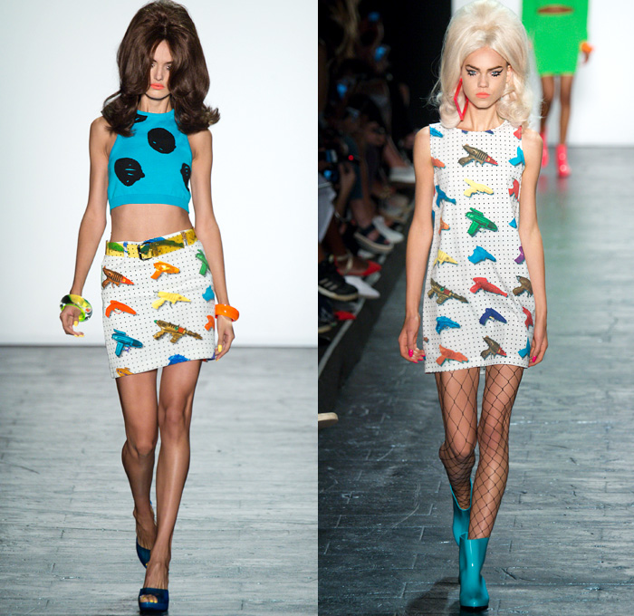 Jeremy Scott 2016 Spring Summer Womens Runway Catwalk Looks - New York Fashion Week - Cartoon Pop Art Culture Dress Bangles Crop Top Midriff Miniskirt Frock Laser Gun Polka Dots Mesh Fishnet Stockings Boots Galoshes 1960s Sixties Mod Scribble Coat Shorts Tuxedo Jacket Metallic Satin Insects Spiders Bralette Swimwear Bikini Knot Bow Tie Flowers Floral Sheer Chiffon Tulle Sequins Paillettes Check Knit Cardigan Halter