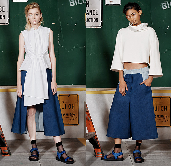 Ji Oh 2016 Spring Summer Womens Lookbook Presentation - New York Fashion Week - Denim Jeans Oversized Boxy Outerwear Coat Jacket Socks With Sandals Blouse Cargo Pockets Wrap Ribbon Skirt Frock Sleeveless Crop Top Midriff Wide Leg Trousers Palazzo Pants Culottes Onesie Jumpsuit Boiler Suit Coveralls Stripes Shirtdress Popover Combishorts Romper Shorts