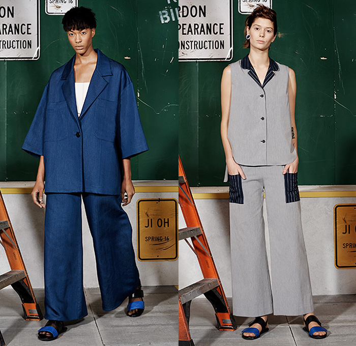 Ji Oh 2016 Spring Summer Womens Lookbook Presentation - New York Fashion Week - Denim Jeans Oversized Boxy Outerwear Coat Jacket Socks With Sandals Blouse Cargo Pockets Wrap Ribbon Skirt Frock Sleeveless Crop Top Midriff Wide Leg Trousers Palazzo Pants Culottes Onesie Jumpsuit Boiler Suit Coveralls Stripes Shirtdress Popover Combishorts Romper Shorts