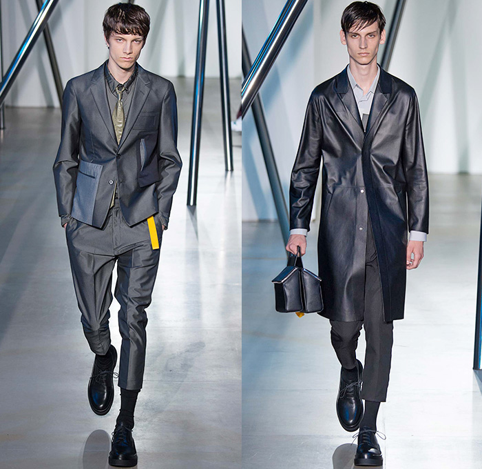 Jil Sander 2016 Spring Summer Mens Runway Catwalk Looks - Milano Moda Uomo Collezione Milan Fashion Week Italy - Denim Jeans Parachute Nylon Utility Straps Tags Coated Crinkles Fisherman Outerwear Trench Long Coat Overcoat Parka Anorak Pants Trousers Necktie Attache Case Briefcase Lapel Collar Cargo Pockets Shorts Long Sleeve Shirt Blocks Stripes Coral Bonded Leather Lunch Box Backpack Bag