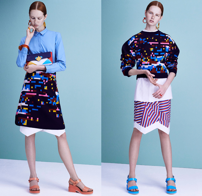 Jil Sander Navy 2016 Spring Summer Womens Lookbook Presentation - New York Fashion Week - Sportswear Athleisure Deconstructed Denim Jeans Peplum Mushroom Parkaskirt Cinch Waist Puffy Ruffles Jagged Flowers Floral Geometric Houndstooth Tankdress Cord Skirt Frock Blouse Crop Top Angular Pointed Hem Nautical Sailor Stripes Shorts Grosgrain Knit Sweater Noodle Strap Pixelated Dress Bomber Jacket Cargo Pockets Mesh