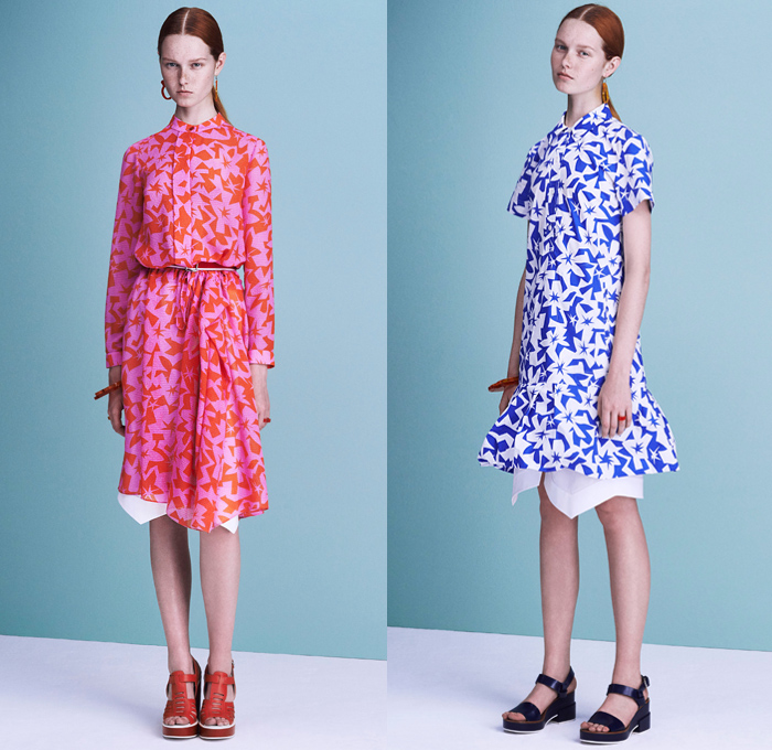 Jil Sander Navy 2016 Spring Summer Womens Lookbook Presentation - New York Fashion Week - Sportswear Athleisure Deconstructed Denim Jeans Peplum Mushroom Parkaskirt Cinch Waist Puffy Ruffles Jagged Flowers Floral Geometric Houndstooth Tankdress Cord Skirt Frock Blouse Crop Top Angular Pointed Hem Nautical Sailor Stripes Shorts Grosgrain Knit Sweater Noodle Strap Pixelated Dress Bomber Jacket Cargo Pockets Mesh