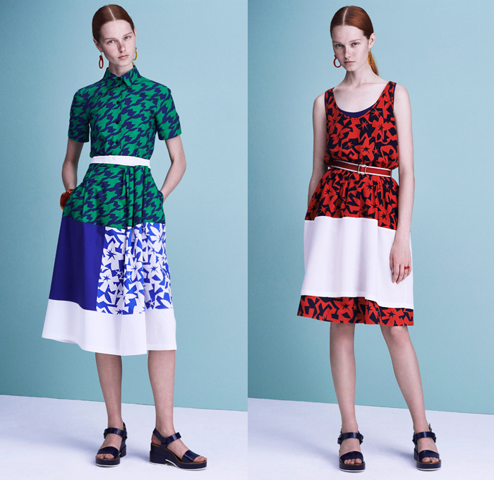 Jil Sander Navy 2016 Spring Summer Womens Lookbook Presentation - New York Fashion Week - Sportswear Athleisure Deconstructed Denim Jeans Peplum Mushroom Parkaskirt Cinch Waist Puffy Ruffles Jagged Flowers Floral Geometric Houndstooth Tankdress Cord Skirt Frock Blouse Crop Top Angular Pointed Hem Nautical Sailor Stripes Shorts Grosgrain Knit Sweater Noodle Strap Pixelated Dress Bomber Jacket Cargo Pockets Mesh