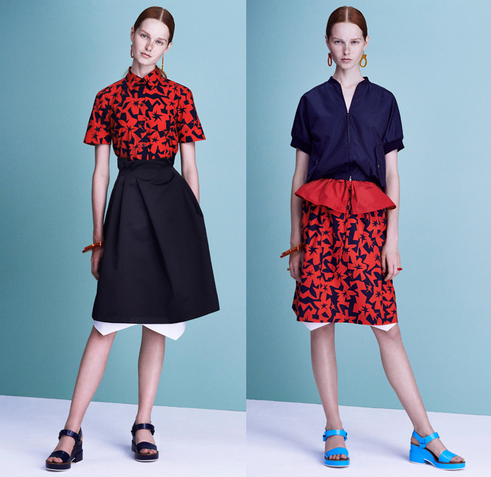 Jil Sander Navy 2016 Spring Summer Womens Lookbook Presentation - New York Fashion Week - Sportswear Athleisure Deconstructed Denim Jeans Peplum Mushroom Parkaskirt Cinch Waist Puffy Ruffles Jagged Flowers Floral Geometric Houndstooth Tankdress Cord Skirt Frock Blouse Crop Top Angular Pointed Hem Nautical Sailor Stripes Shorts Grosgrain Knit Sweater Noodle Strap Pixelated Dress Bomber Jacket Cargo Pockets Mesh