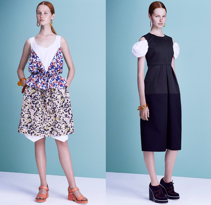 Jil Sander Navy 2016 Spring Summer Womens Lookbook Presentation - New York Fashion Week - Sportswear Athleisure Deconstructed Denim Jeans Peplum Mushroom Parkaskirt Cinch Waist Puffy Ruffles Jagged Flowers Floral Geometric Houndstooth Tankdress Cord Skirt Frock Blouse Crop Top Angular Pointed Hem Nautical Sailor Stripes Shorts Grosgrain Knit Sweater Noodle Strap Pixelated Dress Bomber Jacket Cargo Pockets Mesh