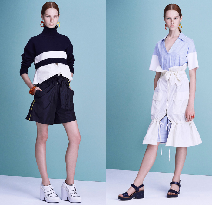 Jil Sander Navy 2016 Spring Summer Womens Lookbook Presentation - New York Fashion Week - Sportswear Athleisure Deconstructed Denim Jeans Peplum Mushroom Parkaskirt Cinch Waist Puffy Ruffles Jagged Flowers Floral Geometric Houndstooth Tankdress Cord Skirt Frock Blouse Crop Top Angular Pointed Hem Nautical Sailor Stripes Shorts Grosgrain Knit Sweater Noodle Strap Pixelated Dress Bomber Jacket Cargo Pockets Mesh