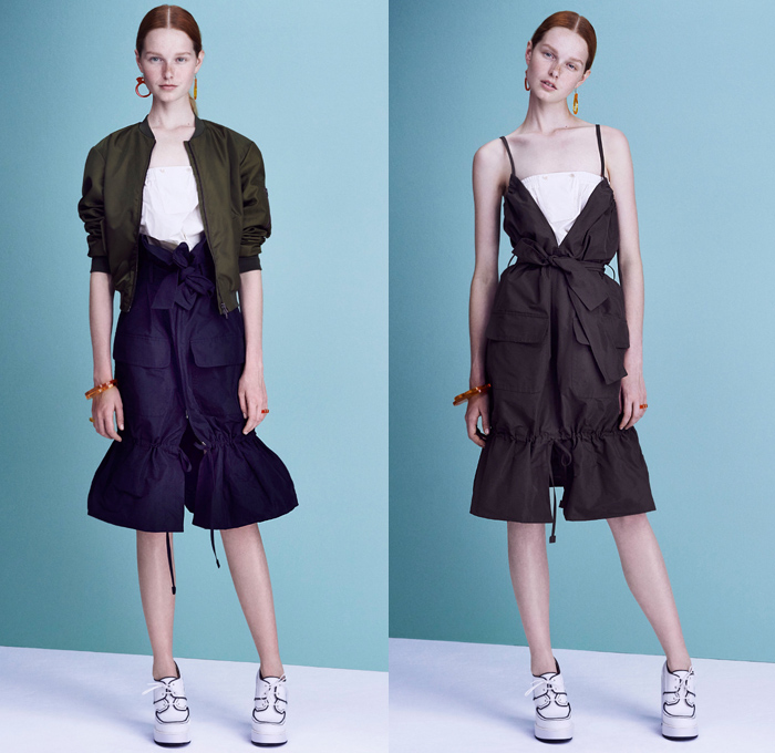 Jil Sander Navy 2016 Spring Summer Womens Lookbook Presentation - New York Fashion Week - Sportswear Athleisure Deconstructed Denim Jeans Peplum Mushroom Parkaskirt Cinch Waist Puffy Ruffles Jagged Flowers Floral Geometric Houndstooth Tankdress Cord Skirt Frock Blouse Crop Top Angular Pointed Hem Nautical Sailor Stripes Shorts Grosgrain Knit Sweater Noodle Strap Pixelated Dress Bomber Jacket Cargo Pockets Mesh