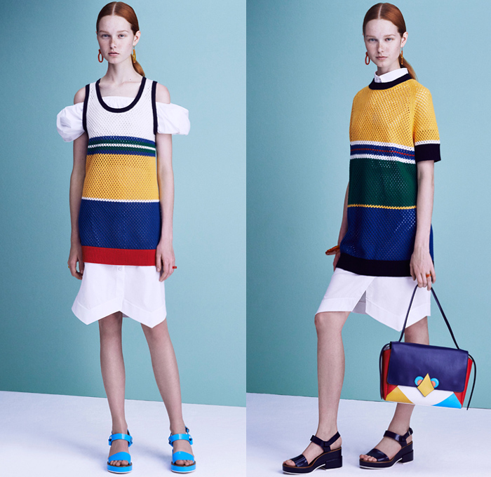 Jil Sander Navy 2016 Spring Summer Womens Lookbook Presentation - New York Fashion Week - Sportswear Athleisure Deconstructed Denim Jeans Peplum Mushroom Parkaskirt Cinch Waist Puffy Ruffles Jagged Flowers Floral Geometric Houndstooth Tankdress Cord Skirt Frock Blouse Crop Top Angular Pointed Hem Nautical Sailor Stripes Shorts Grosgrain Knit Sweater Noodle Strap Pixelated Dress Bomber Jacket Cargo Pockets Mesh