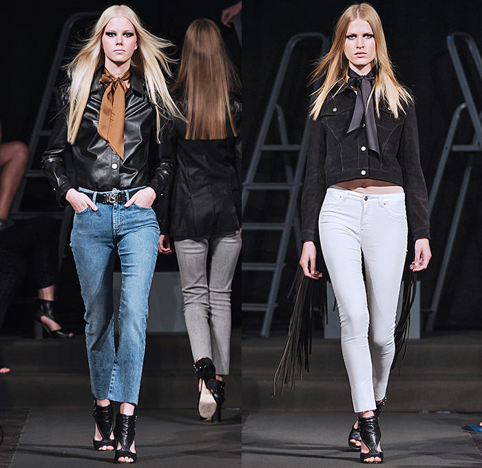 J.Lindeberg 2016 Spring Summer Womens Runway Catwalk Looks - Fashion Week Stockholm Bukowskis - Denim Jeans Tailored Leather Suede Pussycat Bow Blouse Crop Top Midriff Tuxedo Cocktail Jacket Outerwear Blazer Pantsuit Pants Trousers Fringes Cargo Pockets Dress Silk Accordion Pleats Shorts Vest Waistcoat 