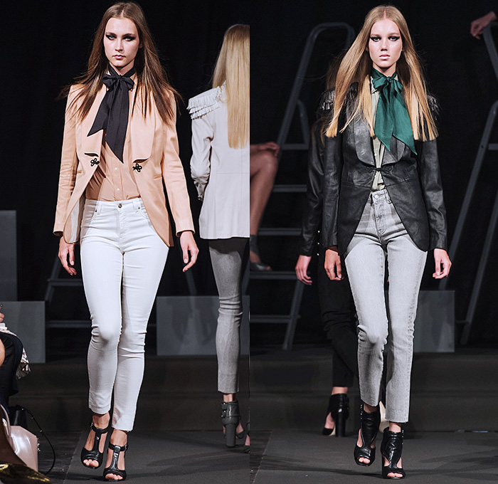 J.Lindeberg 2016 Spring Summer Womens Runway Catwalk Looks - Fashion Week Stockholm Bukowskis - Denim Jeans Tailored Leather Suede Pussycat Bow Blouse Crop Top Midriff Tuxedo Cocktail Jacket Outerwear Blazer Pantsuit Pants Trousers Fringes Cargo Pockets Dress Silk Accordion Pleats Shorts Vest Waistcoat 