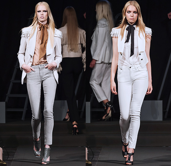 J.Lindeberg 2016 Spring Summer Womens Runway Catwalk Looks - Fashion Week Stockholm Bukowskis - Denim Jeans Tailored Leather Suede Pussycat Bow Blouse Crop Top Midriff Tuxedo Cocktail Jacket Outerwear Blazer Pantsuit Pants Trousers Fringes Cargo Pockets Dress Silk Accordion Pleats Shorts Vest Waistcoat 