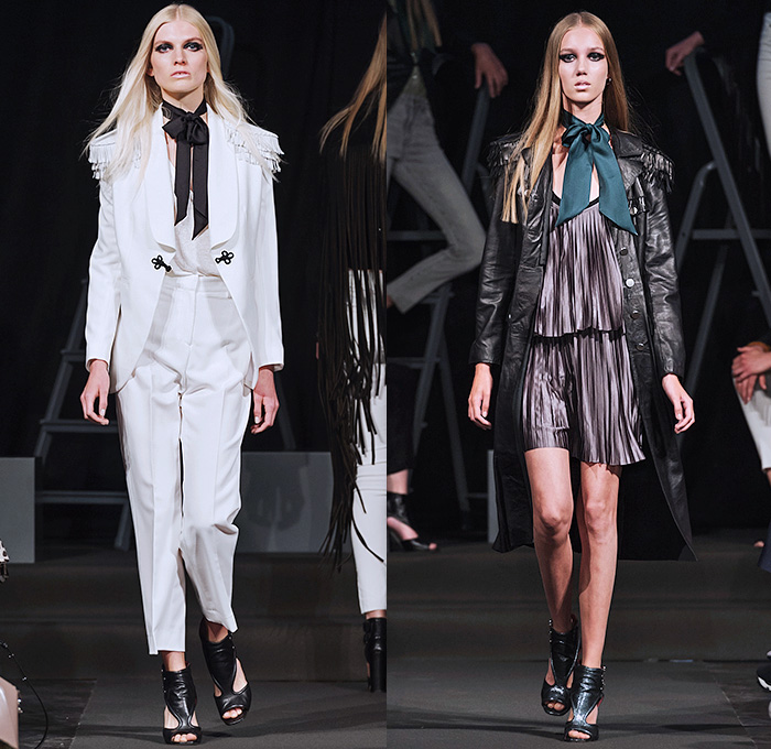 J.Lindeberg 2016 Spring Summer Womens Runway Catwalk Looks - Fashion Week Stockholm Bukowskis - Denim Jeans Tailored Leather Suede Pussycat Bow Blouse Crop Top Midriff Tuxedo Cocktail Jacket Outerwear Blazer Pantsuit Pants Trousers Fringes Cargo Pockets Dress Silk Accordion Pleats Shorts Vest Waistcoat 