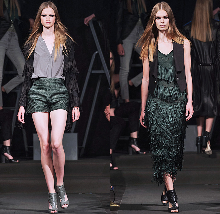 J.Lindeberg 2016 Spring Summer Womens Runway Catwalk Looks - Fashion Week Stockholm Bukowskis - Denim Jeans Tailored Leather Suede Pussycat Bow Blouse Crop Top Midriff Tuxedo Cocktail Jacket Outerwear Blazer Pantsuit Pants Trousers Fringes Cargo Pockets Dress Silk Accordion Pleats Shorts Vest Waistcoat 