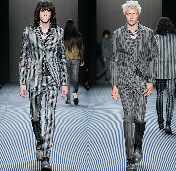 John Varvatos 2016 Spring Summer Mens Runway Catwalk Looks - New York Fashion Week Mens - Dandy Stripes Umbrella Tailored Three Piece Double-Breasted Three Button Suit Silk Outerwear Coat Blazer Pants Trousers Scarf Beetlejuice Rock N Roll Vest Waistcoat Gilet Overcoat Zipper Cardigan Moto Motorcycle Biker Rider Leather Racer Mesh Net Bandanna Bomber Jacket Jeans Check Bag Tote Backpack