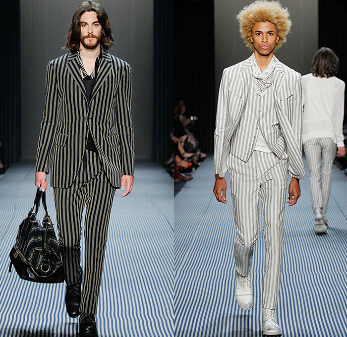 John Varvatos 2016 Spring Summer Mens Runway Catwalk Looks - New York Fashion Week Mens - Dandy Stripes Umbrella Tailored Three Piece Double-Breasted Three Button Suit Silk Outerwear Coat Blazer Pants Trousers Scarf Beetlejuice Rock N Roll Vest Waistcoat Gilet Overcoat Zipper Cardigan Moto Motorcycle Biker Rider Leather Racer Mesh Net Bandanna Bomber Jacket Jeans Check Bag Tote Backpack