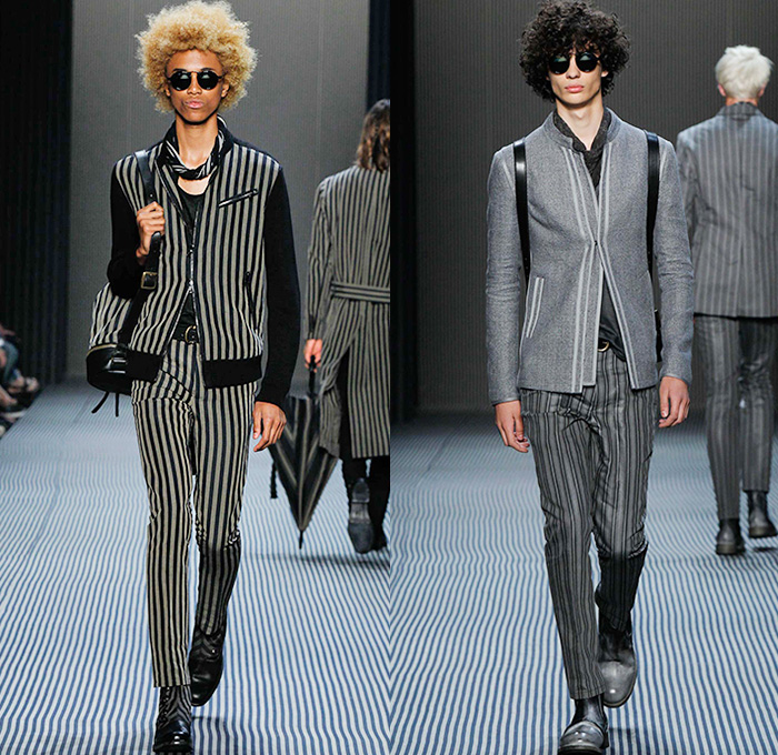 John Varvatos 2016 Spring Summer Mens Runway Catwalk Looks - New York Fashion Week Mens - Dandy Stripes Umbrella Tailored Three Piece Double-Breasted Three Button Suit Silk Outerwear Coat Blazer Pants Trousers Scarf Beetlejuice Rock N Roll Vest Waistcoat Gilet Overcoat Zipper Cardigan Moto Motorcycle Biker Rider Leather Racer Mesh Net Bandanna Bomber Jacket Jeans Check Bag Tote Backpack