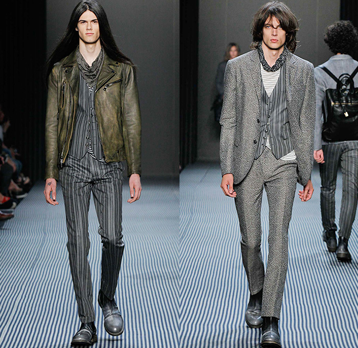 John Varvatos 2016 Spring Summer Mens Runway Catwalk Looks - New York Fashion Week Mens - Dandy Stripes Umbrella Tailored Three Piece Double-Breasted Three Button Suit Silk Outerwear Coat Blazer Pants Trousers Scarf Beetlejuice Rock N Roll Vest Waistcoat Gilet Overcoat Zipper Cardigan Moto Motorcycle Biker Rider Leather Racer Mesh Net Bandanna Bomber Jacket Jeans Check Bag Tote Backpack