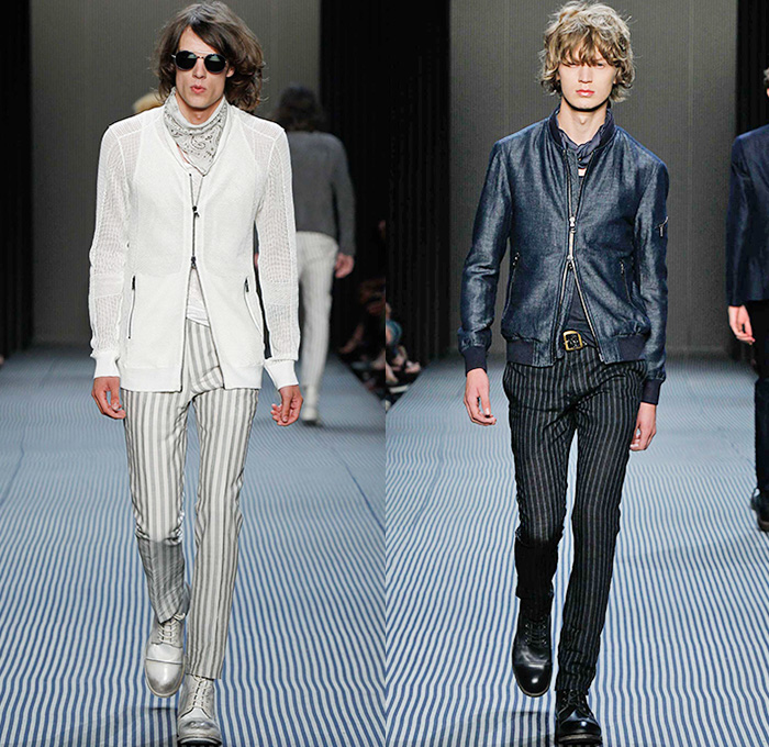 John Varvatos 2016 Spring Summer Mens Runway Catwalk Looks - New York Fashion Week Mens - Dandy Stripes Umbrella Tailored Three Piece Double-Breasted Three Button Suit Silk Outerwear Coat Blazer Pants Trousers Scarf Beetlejuice Rock N Roll Vest Waistcoat Gilet Overcoat Zipper Cardigan Moto Motorcycle Biker Rider Leather Racer Mesh Net Bandanna Bomber Jacket Jeans Check Bag Tote Backpack