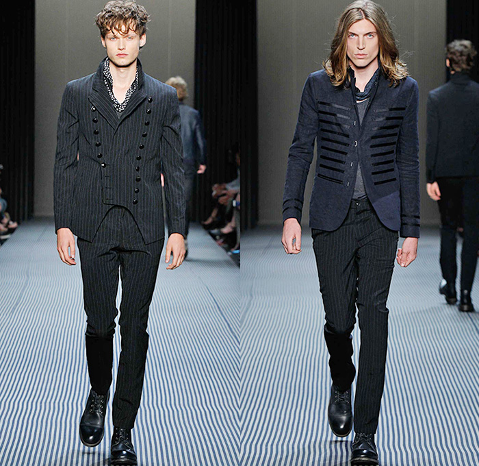 John Varvatos 2016 Spring Summer Mens Runway Catwalk Looks - New York Fashion Week Mens - Dandy Stripes Umbrella Tailored Three Piece Double-Breasted Three Button Suit Silk Outerwear Coat Blazer Pants Trousers Scarf Beetlejuice Rock N Roll Vest Waistcoat Gilet Overcoat Zipper Cardigan Moto Motorcycle Biker Rider Leather Racer Mesh Net Bandanna Bomber Jacket Jeans Check Bag Tote Backpack