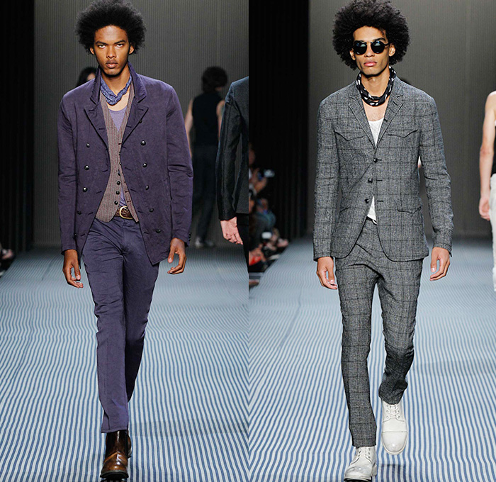 John Varvatos 2016 Spring Summer Mens Runway Catwalk Looks - New York Fashion Week Mens - Dandy Stripes Umbrella Tailored Three Piece Double-Breasted Three Button Suit Silk Outerwear Coat Blazer Pants Trousers Scarf Beetlejuice Rock N Roll Vest Waistcoat Gilet Overcoat Zipper Cardigan Moto Motorcycle Biker Rider Leather Racer Mesh Net Bandanna Bomber Jacket Jeans Check Bag Tote Backpack