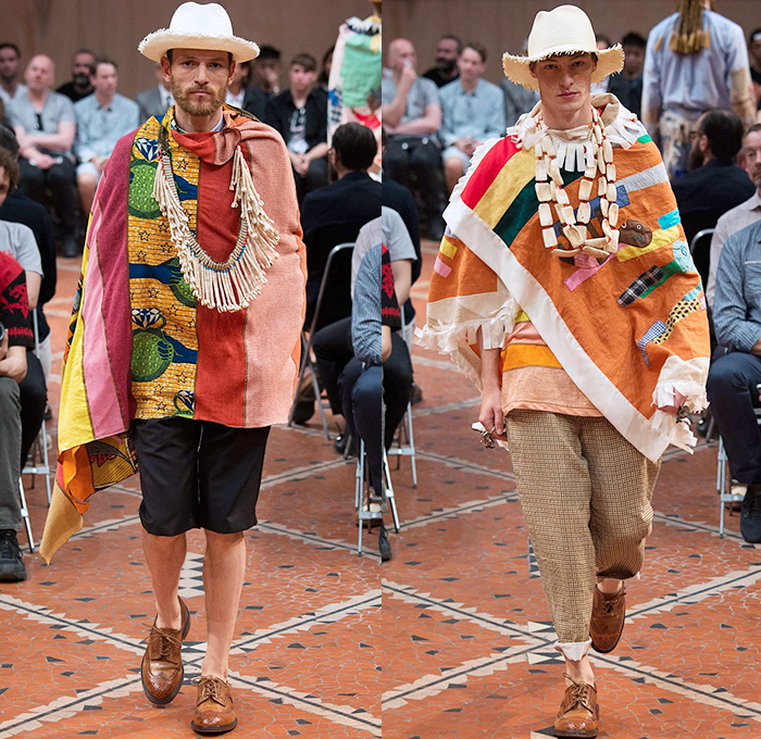 Junya Watanabe 2016 Spring Summer Mens Runway Catwalk Looks - Mode à Paris Fashion Week Mode Masculine France - Faraway African Artifacts Denim Jeans Patchwork Geometric Tribal Ethnic Folk Panama Straw Hat Witch Doctor Vest Waistcoat Tropical Island Fringes Sarong Manskirt Necklace Mix Match Long Sleeve Shirt Embroidery Cloak Poncho Outerwear Blazer Jacket Shorts Scarf Bow Tie Cropped Pants Stripes Stitches Three Button Suit