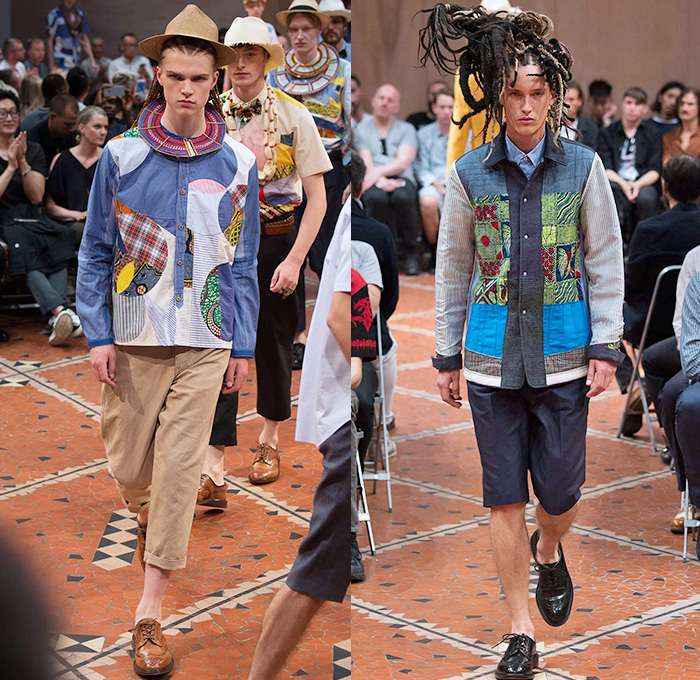 Junya Watanabe 2016 Spring Summer Mens Runway Catwalk Looks - Mode à Paris Fashion Week Mode Masculine France - Faraway African Artifacts Denim Jeans Patchwork Geometric Tribal Ethnic Folk Panama Straw Hat Witch Doctor Vest Waistcoat Tropical Island Fringes Sarong Manskirt Necklace Mix Match Long Sleeve Shirt Embroidery Cloak Poncho Outerwear Blazer Jacket Shorts Scarf Bow Tie Cropped Pants Stripes Stitches Three Button Suit