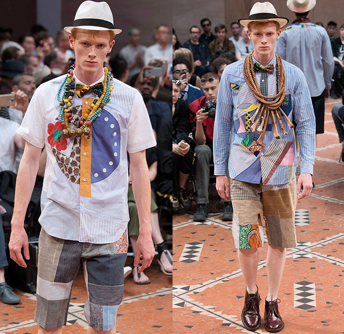 Junya Watanabe 2016 Spring Summer Mens Runway Catwalk Looks - Mode à Paris Fashion Week Mode Masculine France - Faraway African Artifacts Denim Jeans Patchwork Geometric Tribal Ethnic Folk Panama Straw Hat Witch Doctor Vest Waistcoat Tropical Island Fringes Sarong Manskirt Necklace Mix Match Long Sleeve Shirt Embroidery Cloak Poncho Outerwear Blazer Jacket Shorts Scarf Bow Tie Cropped Pants Stripes Stitches Three Button Suit